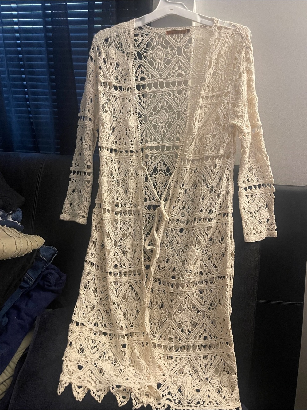 Belldini Crochet Lace Swimsuit Coverup Open Cardigan Cream Size LARGE NWOT